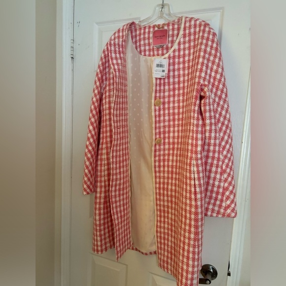 Kate Spade Gingham Tweed A-Line Button Front Collarless Coat Jacket - Picture 6 of 8
